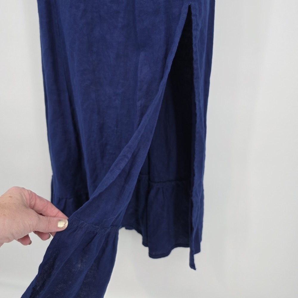 REFORMATION Belgium Linen Midi Dress Navy Blue Side Slit Puff Sleeve Sz 12 - Picture 14 of 16